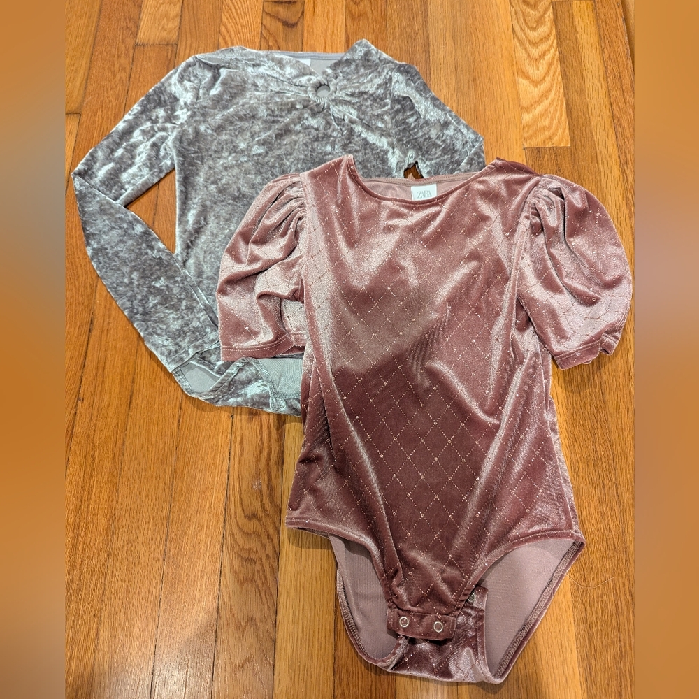 Girls Zara Velvet Bodysuits - Sz 11/12 One Is Silver and the Other Is Mauve